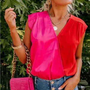 NWT Entro Pink Red Colorblock Bodysuit Surplice V-Neck Sleeveless Small/Medium